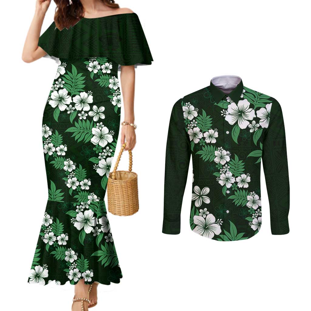 Hawaiian Hibiscus Tribal Floral Green Couples Matching Mermaid Dress and Long Sleeve Button Shirt Polynesian Tapa Pattern - Polynesian Pride