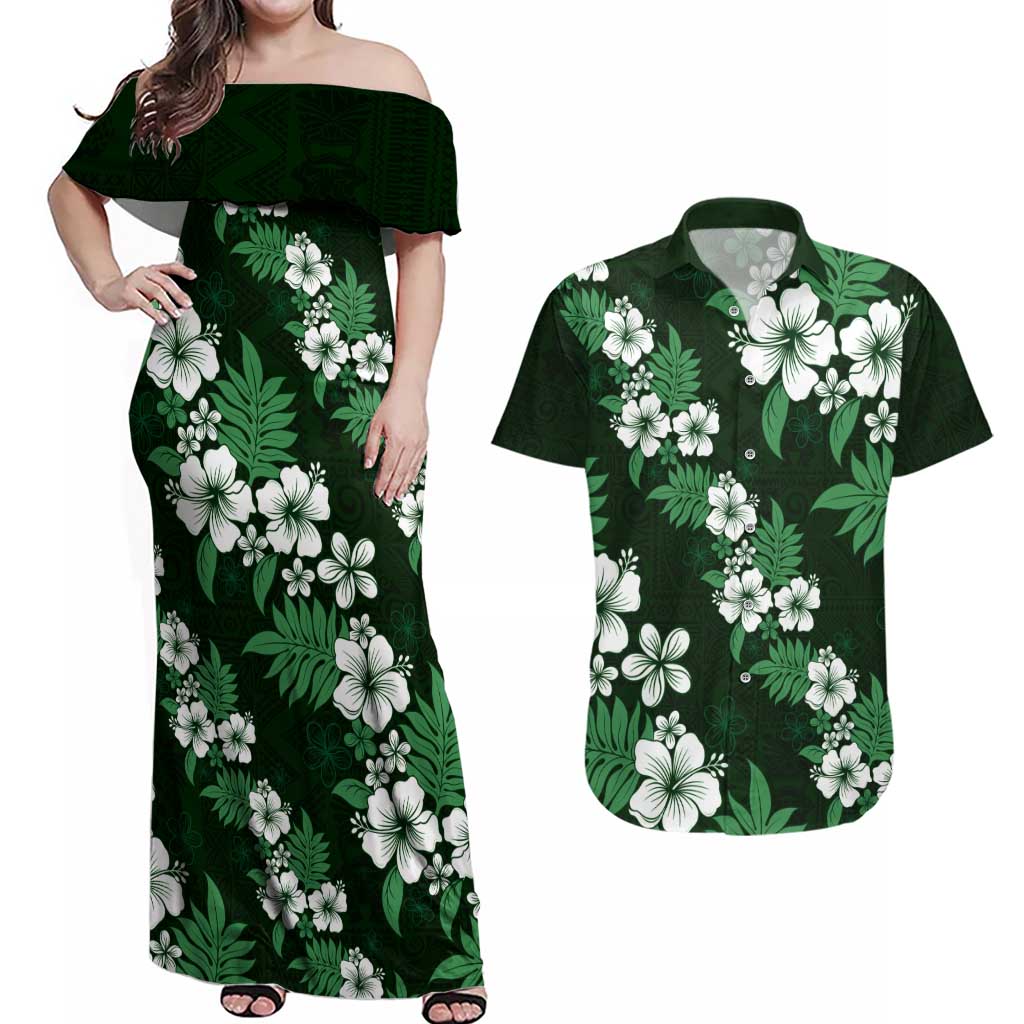 Hawaiian Hibiscus Tribal Floral Green Couples Matching Off Shoulder Maxi Dress and Hawaiian Shirt Polynesian Tapa Pattern - Polynesian Pride