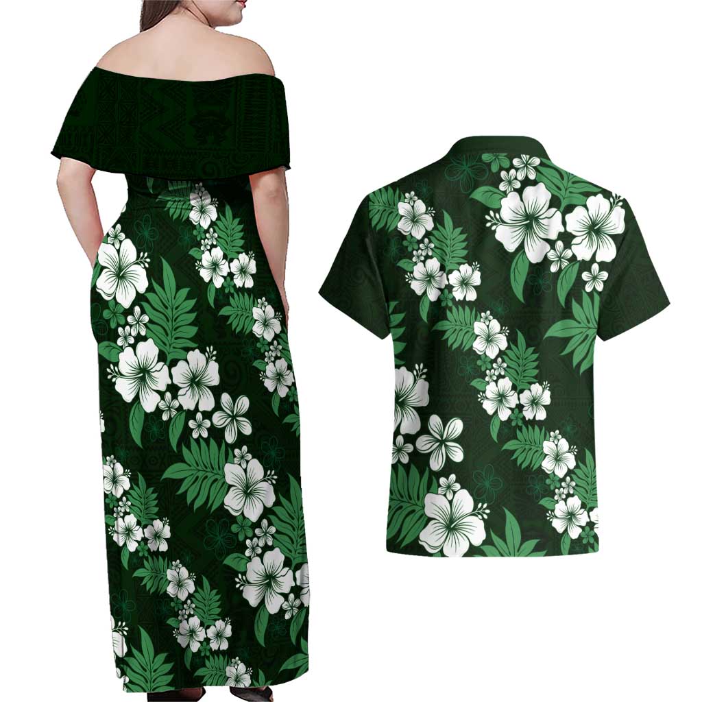 Hawaiian Hibiscus Tribal Floral Green Couples Matching Off Shoulder Maxi Dress and Hawaiian Shirt Polynesian Tapa Pattern - Polynesian Pride