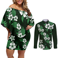 Hawaiian Hibiscus Tribal Floral Green Couples Matching Off Shoulder Short Dress and Long Sleeve Button Shirt Polynesian Tapa Pattern - Polynesian Pride