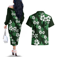 Hawaiian Hibiscus Tribal Floral Green Couples Matching Off The Shoulder Long Sleeve Dress and Hawaiian Shirt Polynesian Tapa Pattern - Polynesian Pride