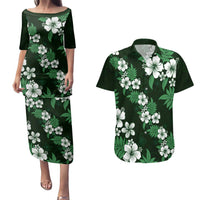 Hawaiian Hibiscus Tribal Floral Green Couples Matching Puletasi and Hawaiian Shirt Polynesian Tapa Pattern - Polynesian Pride