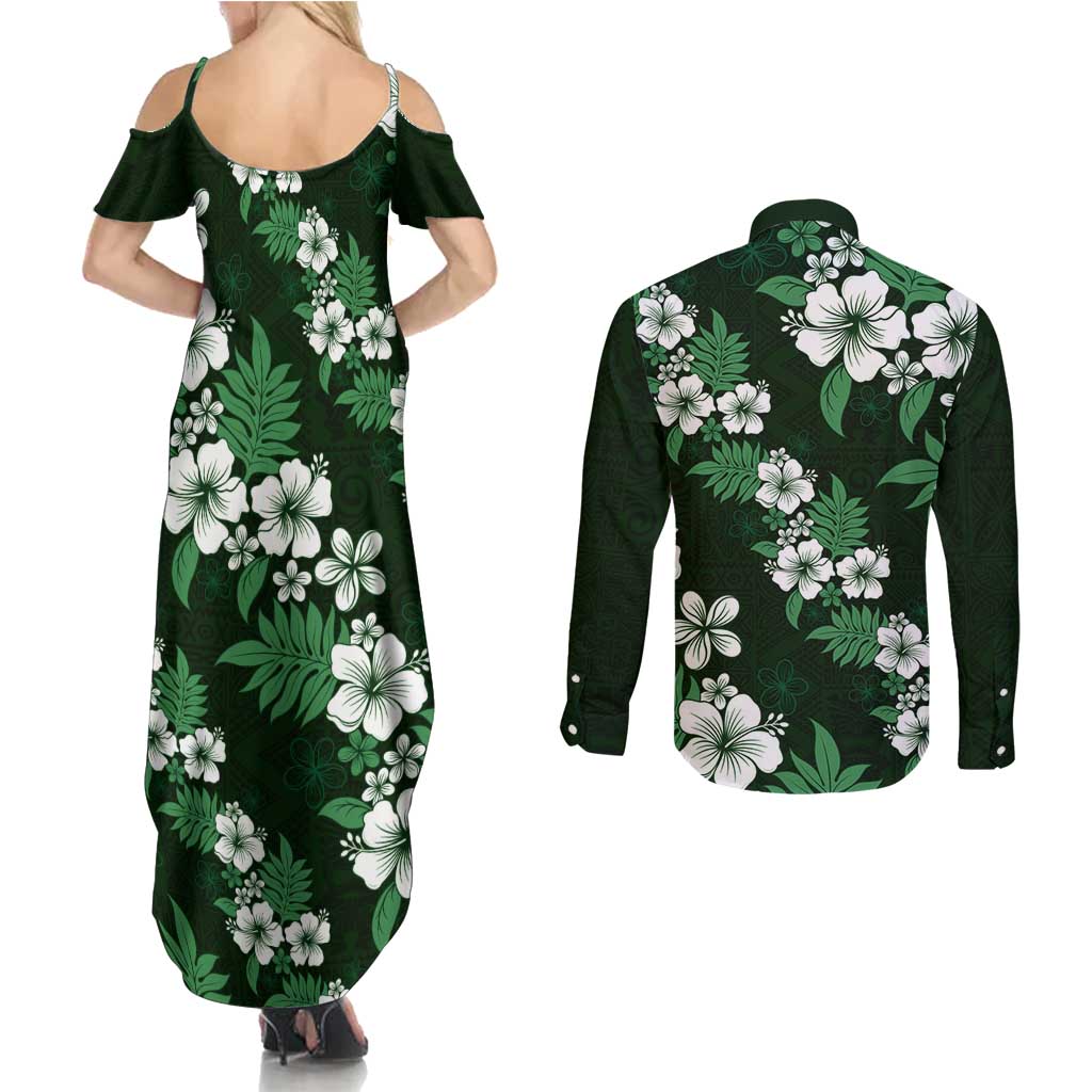 Hawaiian Hibiscus Tribal Floral Green Couples Matching Summer Maxi Dress and Long Sleeve Button Shirt Polynesian Tapa Pattern - Polynesian Pride