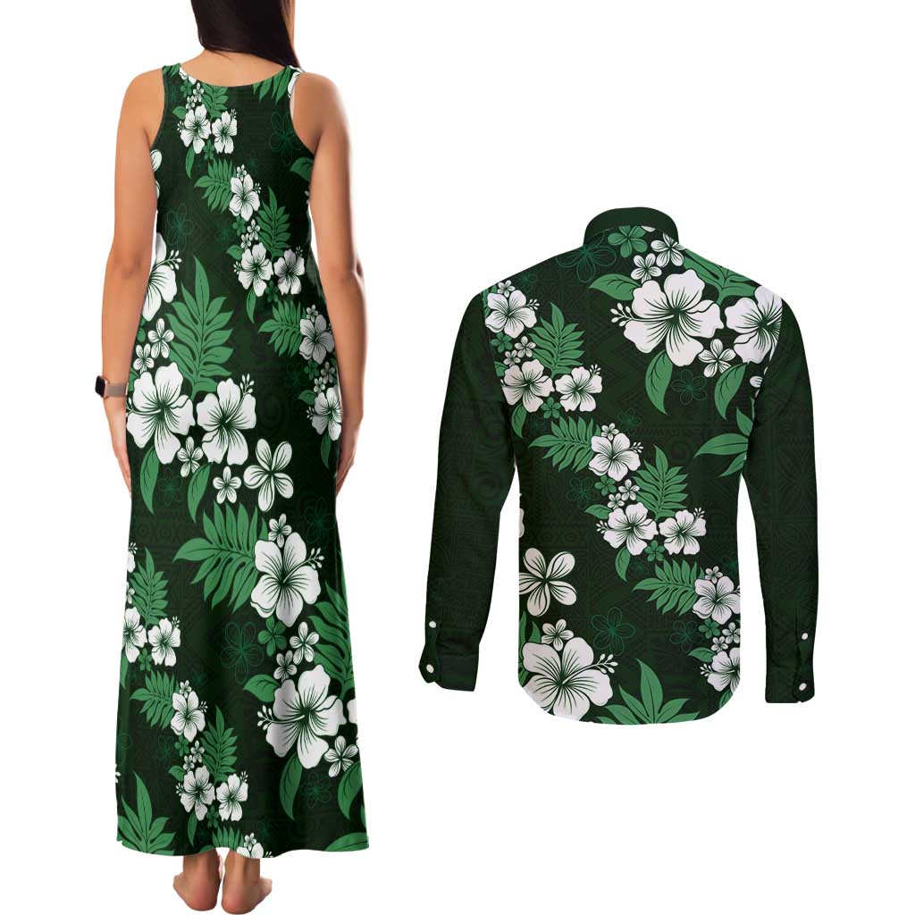Hawaiian Hibiscus Tribal Floral Green Couples Matching Tank Maxi Dress and Long Sleeve Button Shirt Polynesian Tapa Pattern - Polynesian Pride