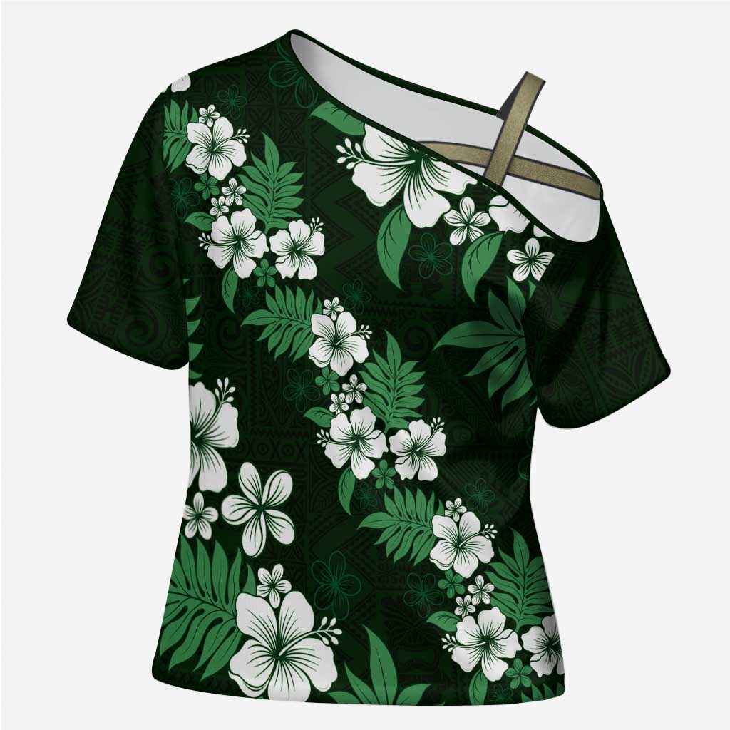Hawaiian Hibiscus Tribal Floral Green Cross Shoulder Shirt Polynesian Tapa Pattern LT01 Female Green - Polynesian Pride