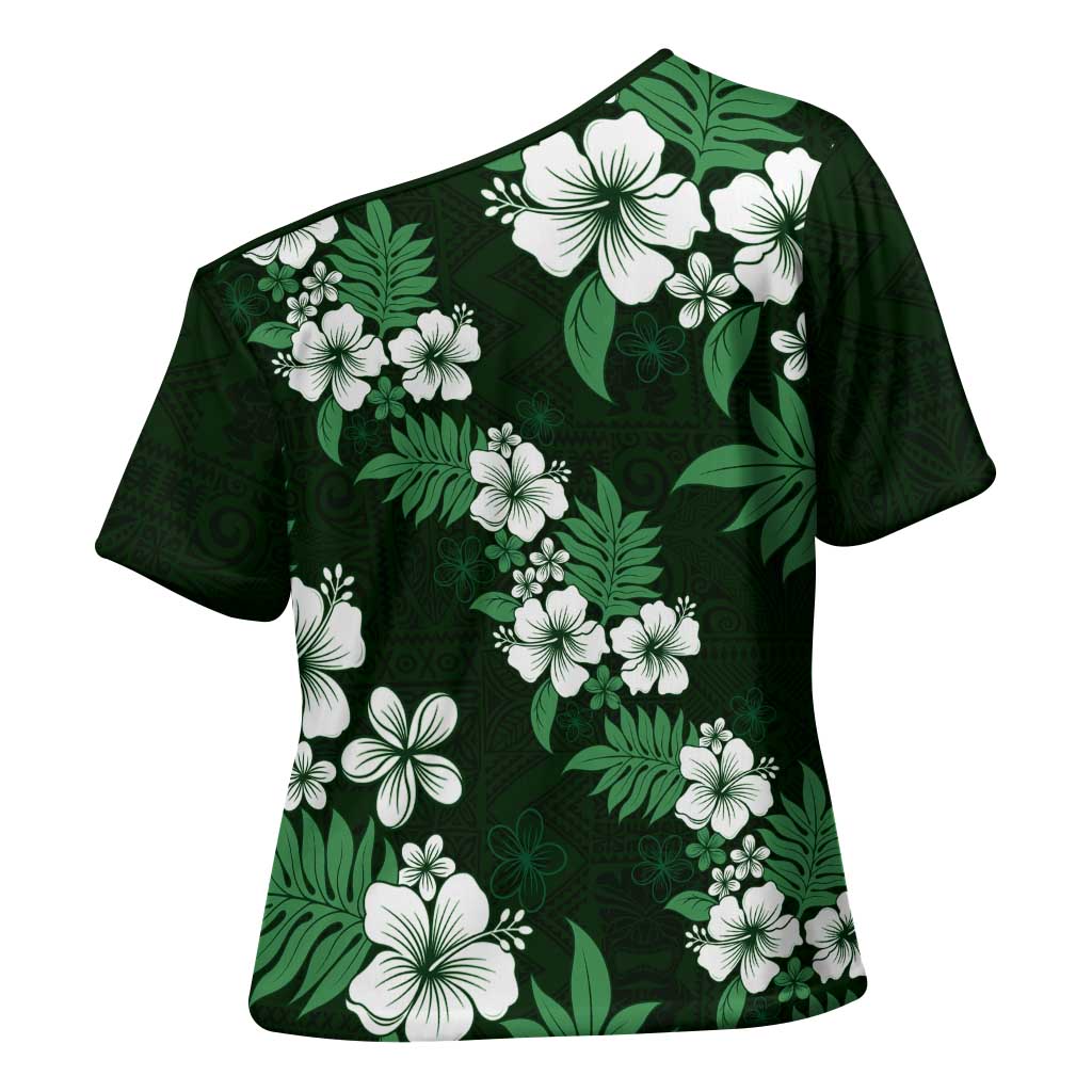 Hawaiian Hibiscus Tribal Floral Green Cross Shoulder Shirt Polynesian Tapa Pattern LT01 - Polynesian Pride