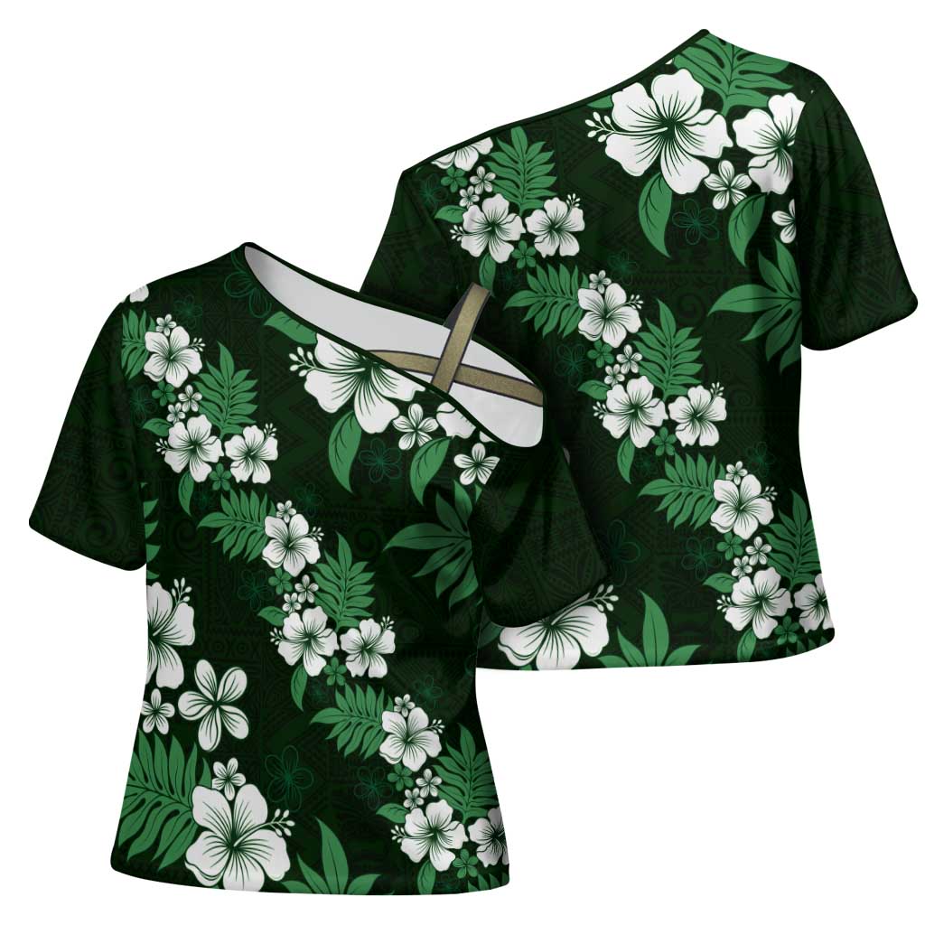 Hawaiian Hibiscus Tribal Floral Green Cross Shoulder Shirt Polynesian Tapa Pattern LT01 - Polynesian Pride