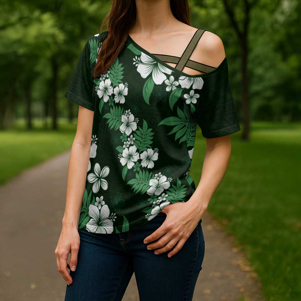 Hawaiian Hibiscus Tribal Floral Green Cross Shoulder Shirt Polynesian Tapa Pattern LT01 - Polynesian Pride