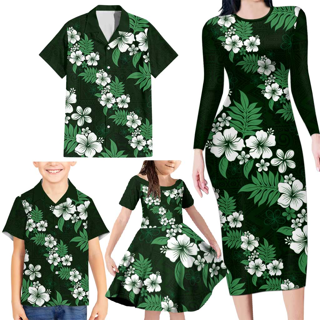 Hawaiian Hibiscus Tribal Floral Green Family Matching Long Sleeve Bodycon Dress and Hawaiian Shirt Polynesian Tapa Pattern - Polynesian Pride