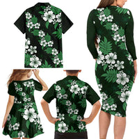 Hawaiian Hibiscus Tribal Floral Green Family Matching Long Sleeve Bodycon Dress and Hawaiian Shirt Polynesian Tapa Pattern - Polynesian Pride