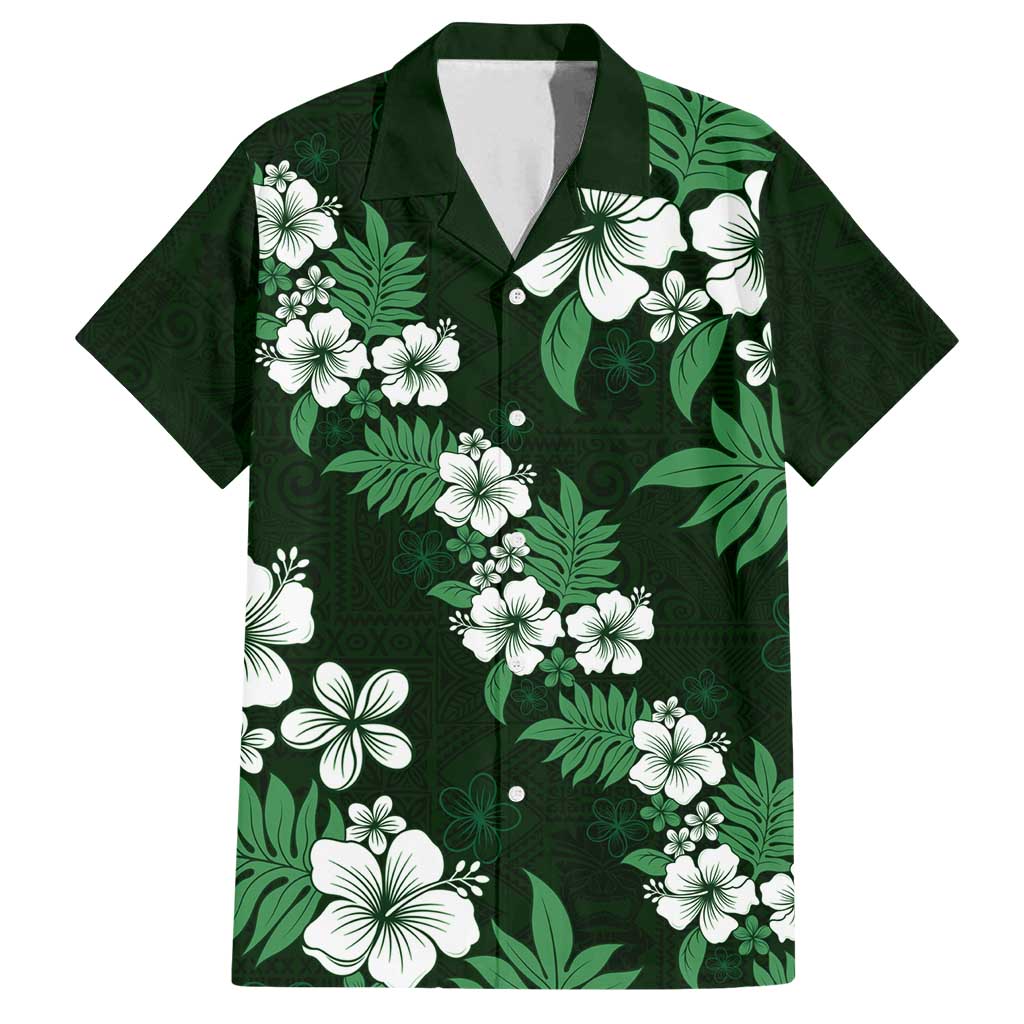 Hawaiian Hibiscus Tribal Floral Green Family Matching Long Sleeve Bodycon Dress and Hawaiian Shirt Polynesian Tapa Pattern - Polynesian Pride