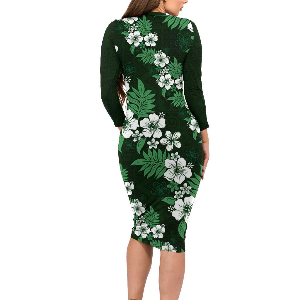 Hawaiian Hibiscus Tribal Floral Green Family Matching Long Sleeve Bodycon Dress and Hawaiian Shirt Polynesian Tapa Pattern - Polynesian Pride