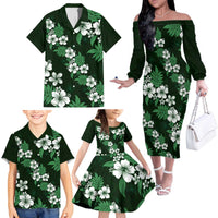 Hawaiian Hibiscus Tribal Floral Green Family Matching Off The Shoulder Long Sleeve Dress and Hawaiian Shirt Polynesian Tapa Pattern - Polynesian Pride