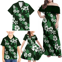 Hawaiian Hibiscus Tribal Floral Green Family Matching Off Shoulder Maxi Dress and Hawaiian Shirt Polynesian Tapa Pattern - Polynesian Pride