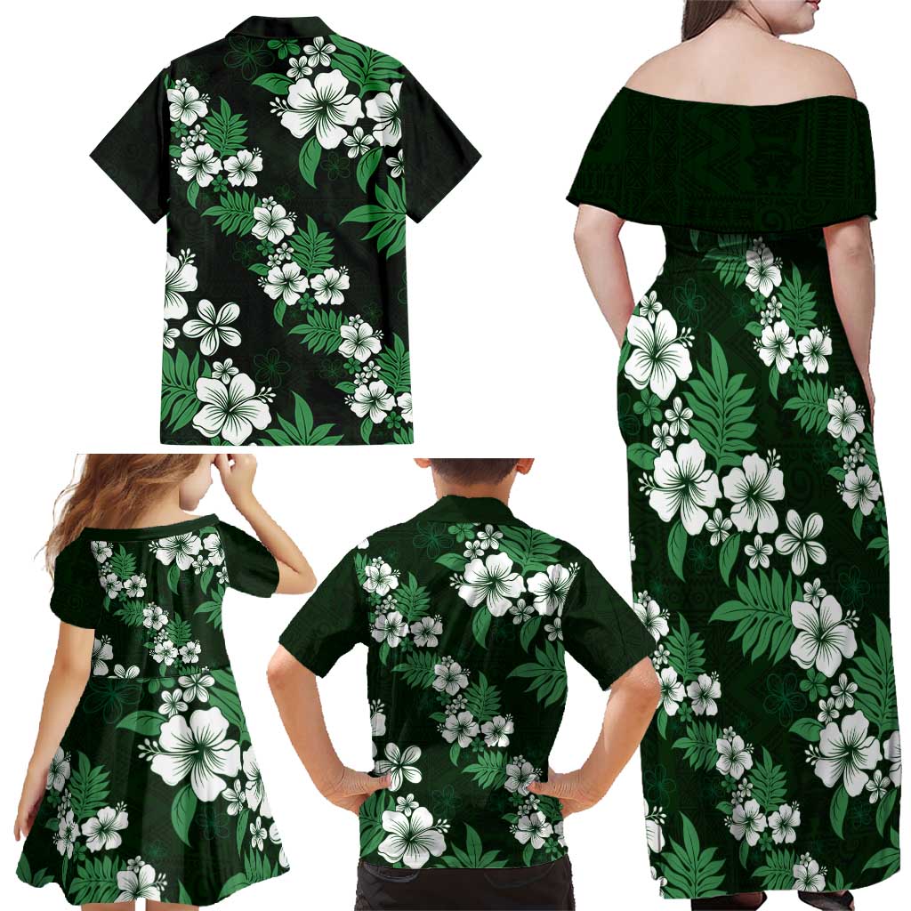 Hawaiian Hibiscus Tribal Floral Green Family Matching Off Shoulder Maxi Dress and Hawaiian Shirt Polynesian Tapa Pattern - Polynesian Pride