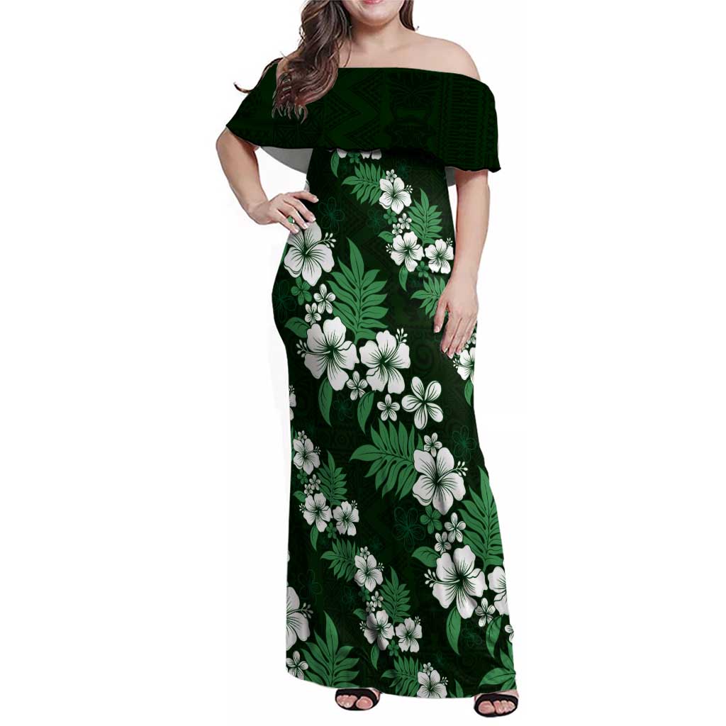 Hawaiian Hibiscus Tribal Floral Green Family Matching Off Shoulder Maxi Dress and Hawaiian Shirt Polynesian Tapa Pattern - Polynesian Pride