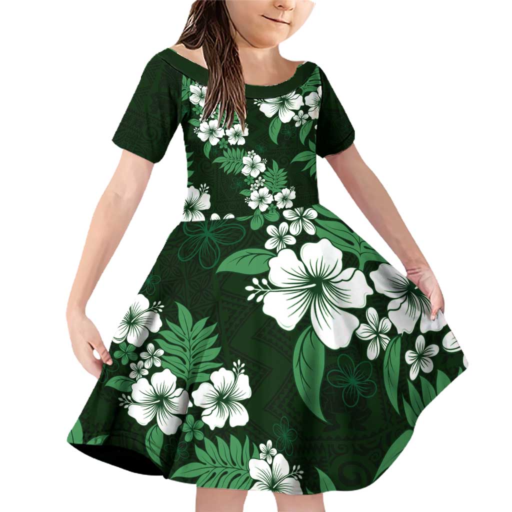 Hawaiian Hibiscus Tribal Floral Green Family Matching Off Shoulder Short Dress and Hawaiian Shirt Polynesian Tapa Pattern - Polynesian Pride
