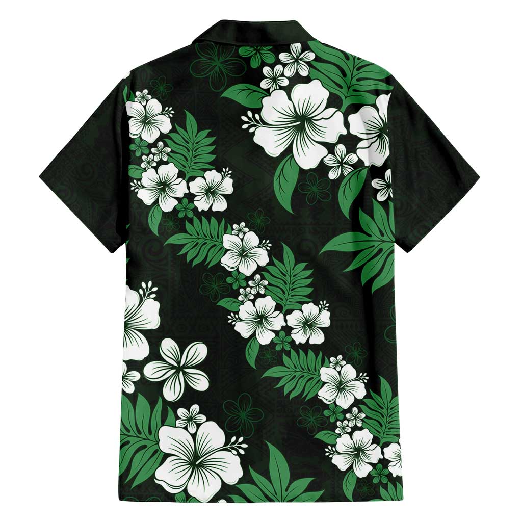 Hawaiian Hibiscus Tribal Floral Green Family Matching Off Shoulder Short Dress and Hawaiian Shirt Polynesian Tapa Pattern - Polynesian Pride