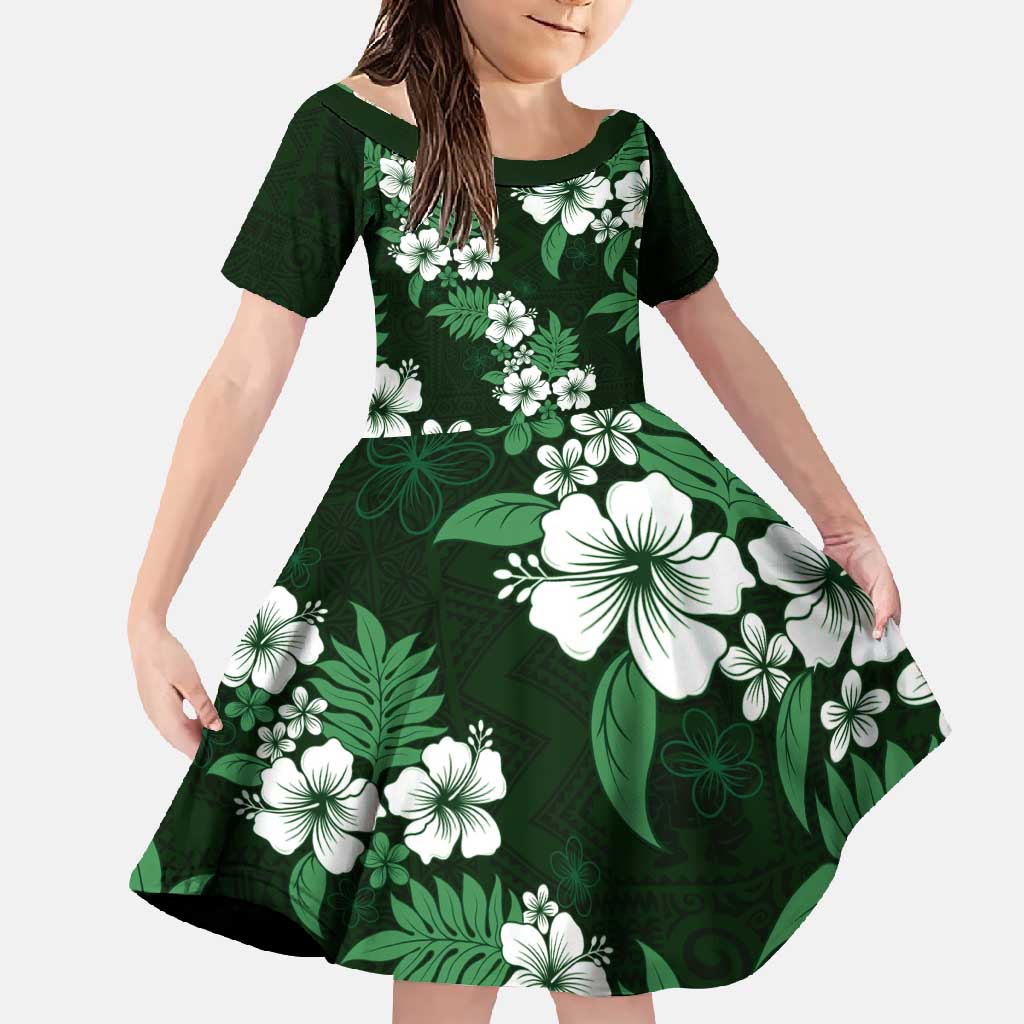 Hawaiian Hibiscus Tribal Floral Green Family Matching Short Sleeve Bodycon Dress and Hawaiian Shirt Polynesian Tapa Pattern - Polynesian Pride