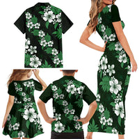 Hawaiian Hibiscus Tribal Floral Green Family Matching Short Sleeve Bodycon Dress and Hawaiian Shirt Polynesian Tapa Pattern - Polynesian Pride
