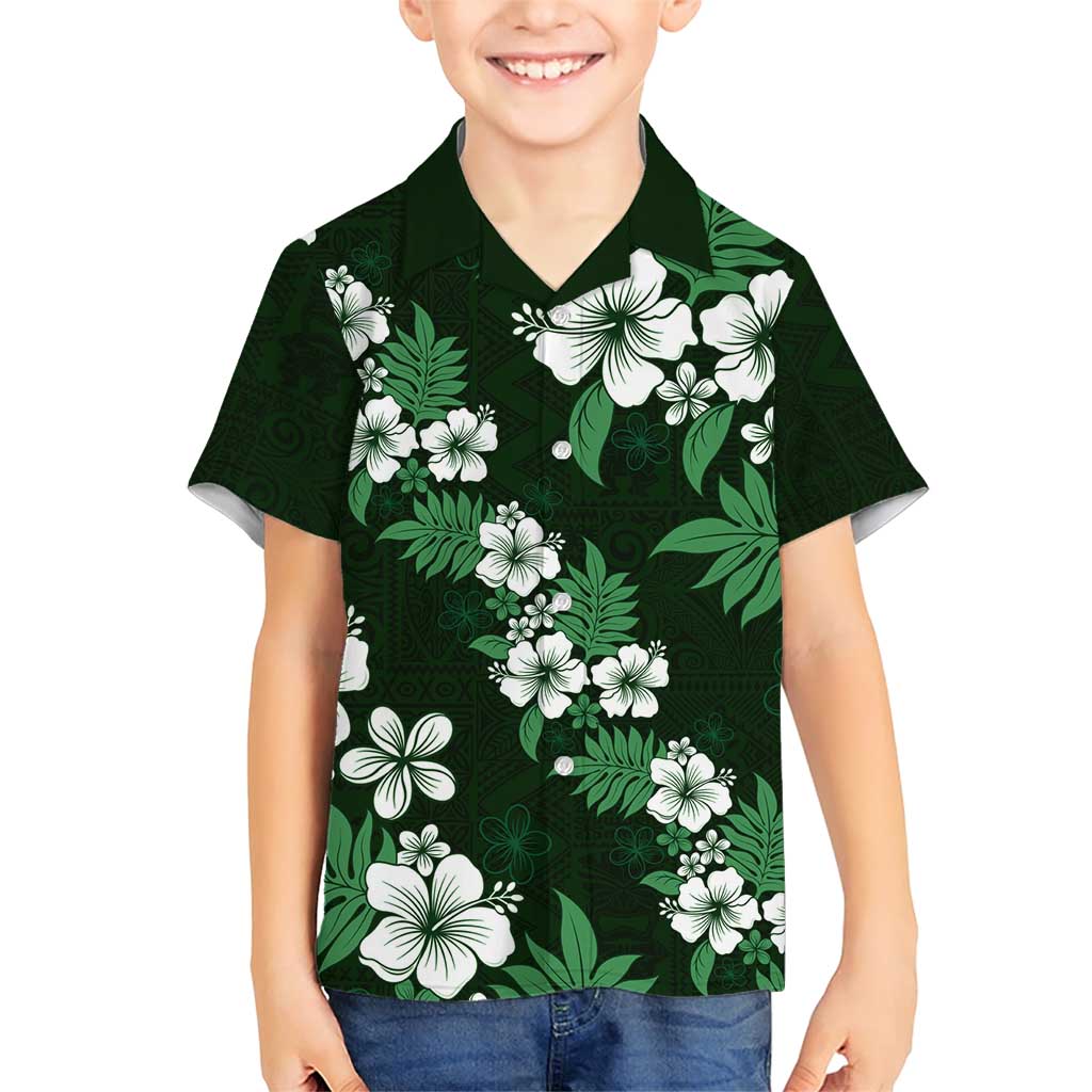 Hawaiian Hibiscus Tribal Floral Green Family Matching Short Sleeve Bodycon Dress and Hawaiian Shirt Polynesian Tapa Pattern - Polynesian Pride