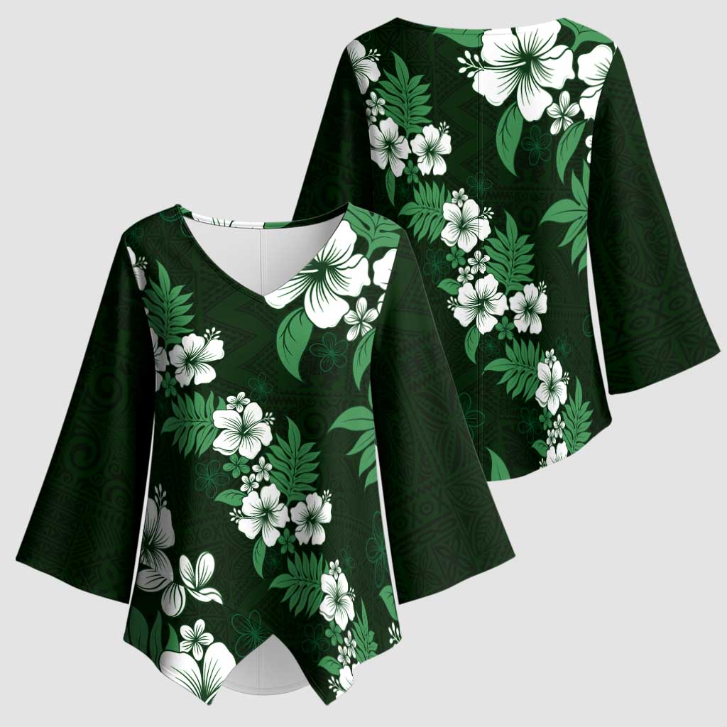 Hawaiian Hibiscus Tribal Floral Green Kimono Sleeve Blouse Polynesian Tapa Pattern - Polynesian Pride