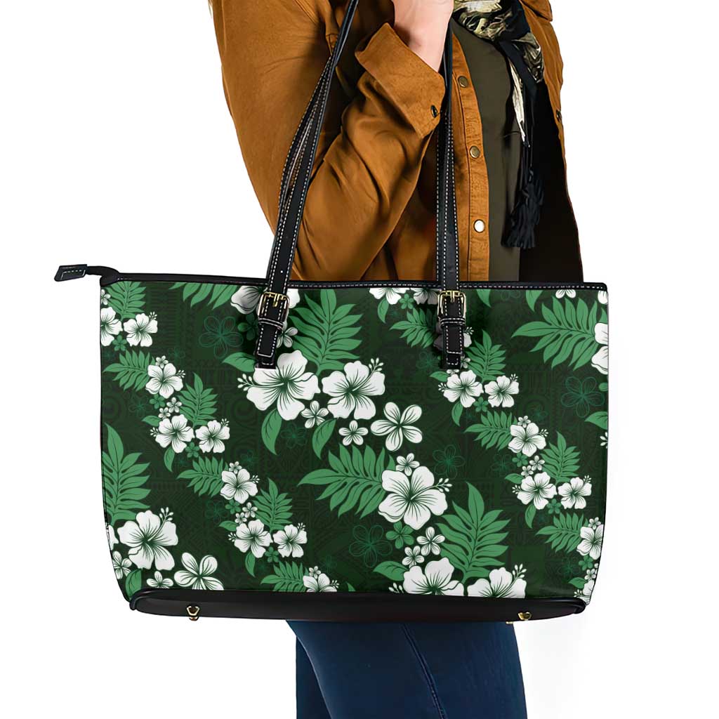 Hawaiian Hibiscus Tribal Floral Green Leather Tote Bag Polynesian Tapa Pattern LT01 - Polynesian Pride