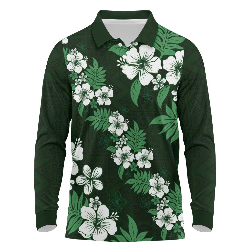 Hawaiian Hibiscus Tribal Floral Green Long Sleeve Polo Shirt Polynesian Tapa Pattern LT01 Green - Polynesian Pride