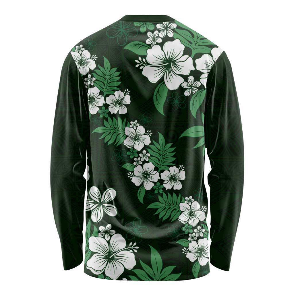 Hawaiian Hibiscus Tribal Floral Green Long Sleeve Shirt Polynesian Tapa Pattern - Polynesian Pride
