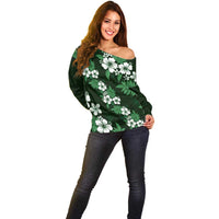 Hawaiian Hibiscus Tribal Floral Green Off Shoulder Sweater Polynesian Tapa Pattern - Polynesian Pride