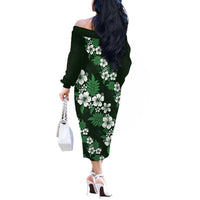 Hawaiian Hibiscus Tribal Floral Green Off The Shoulder Long Sleeve Dress Polynesian Tapa Pattern - Polynesian Pride
