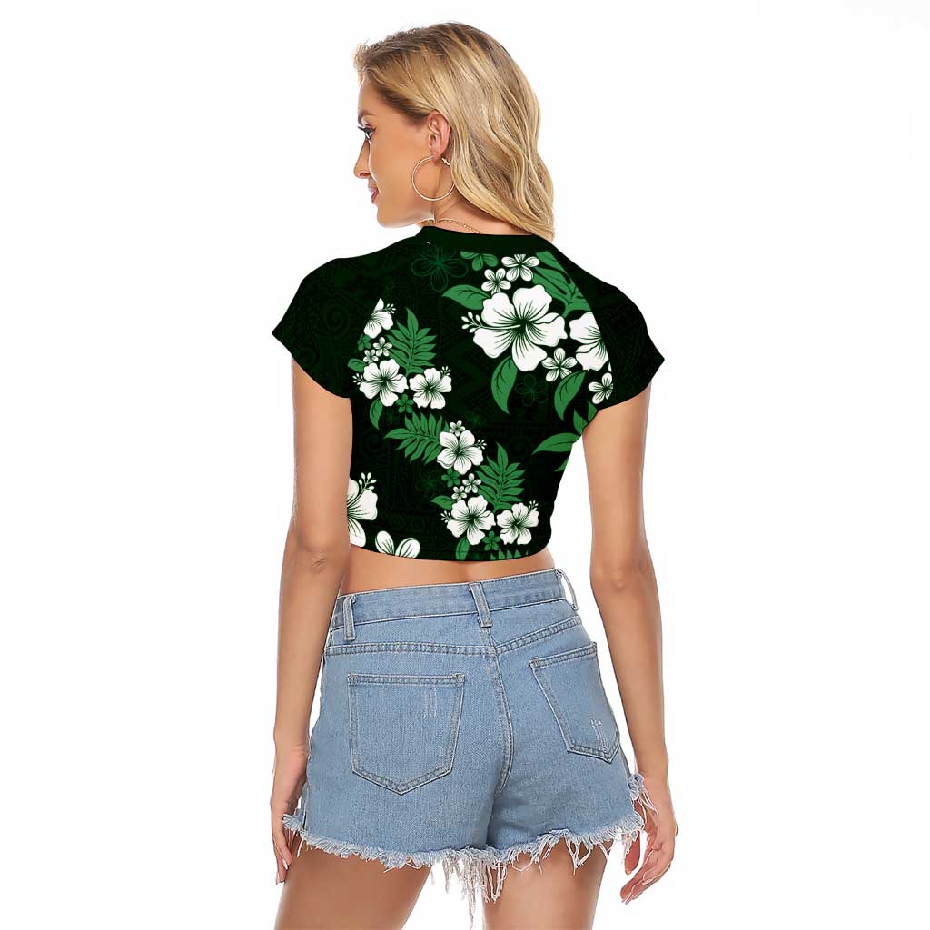 Hawaiian Hibiscus Tribal Floral Green Raglan Cropped T Shirt Polynesian Tapa Pattern - Polynesian Pride