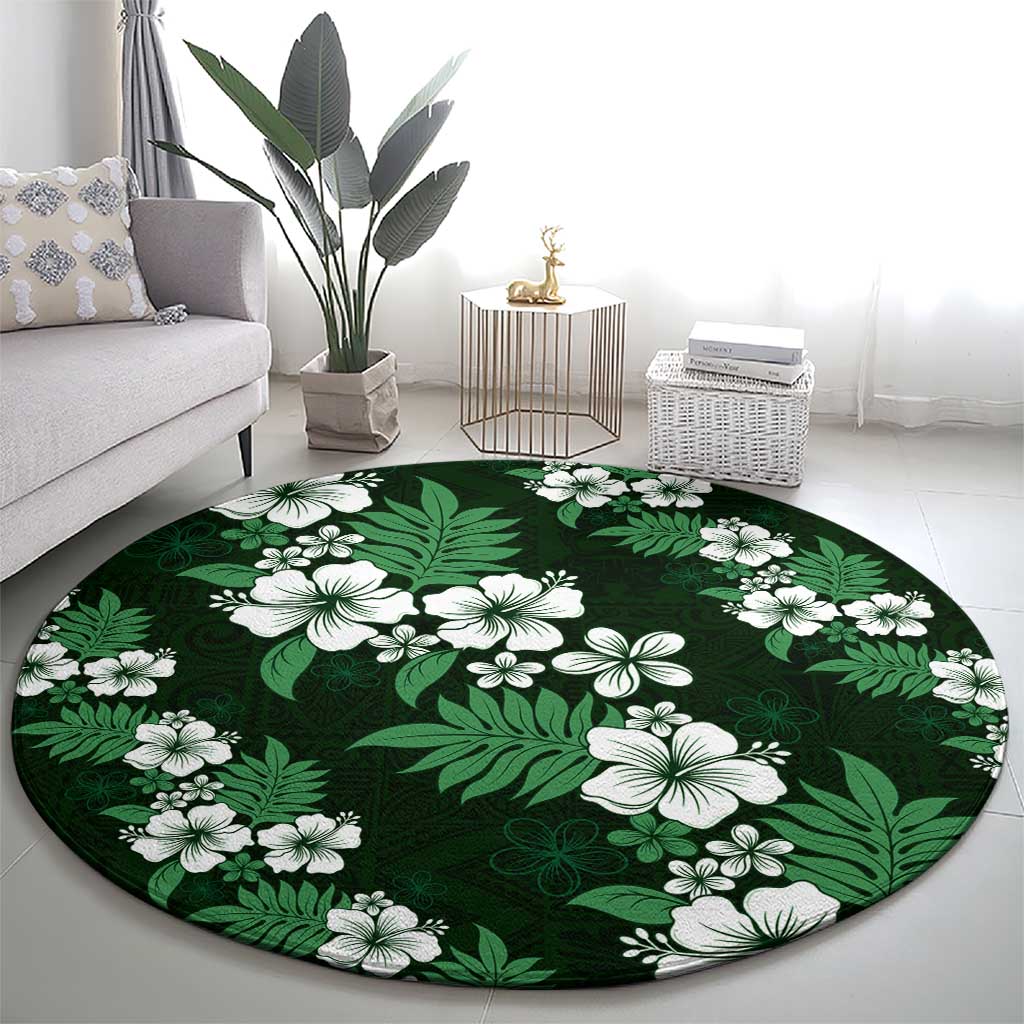Hawaiian Hibiscus Tribal Floral Green Round Carpet Polynesian Tapa Pattern - Polynesian Pride