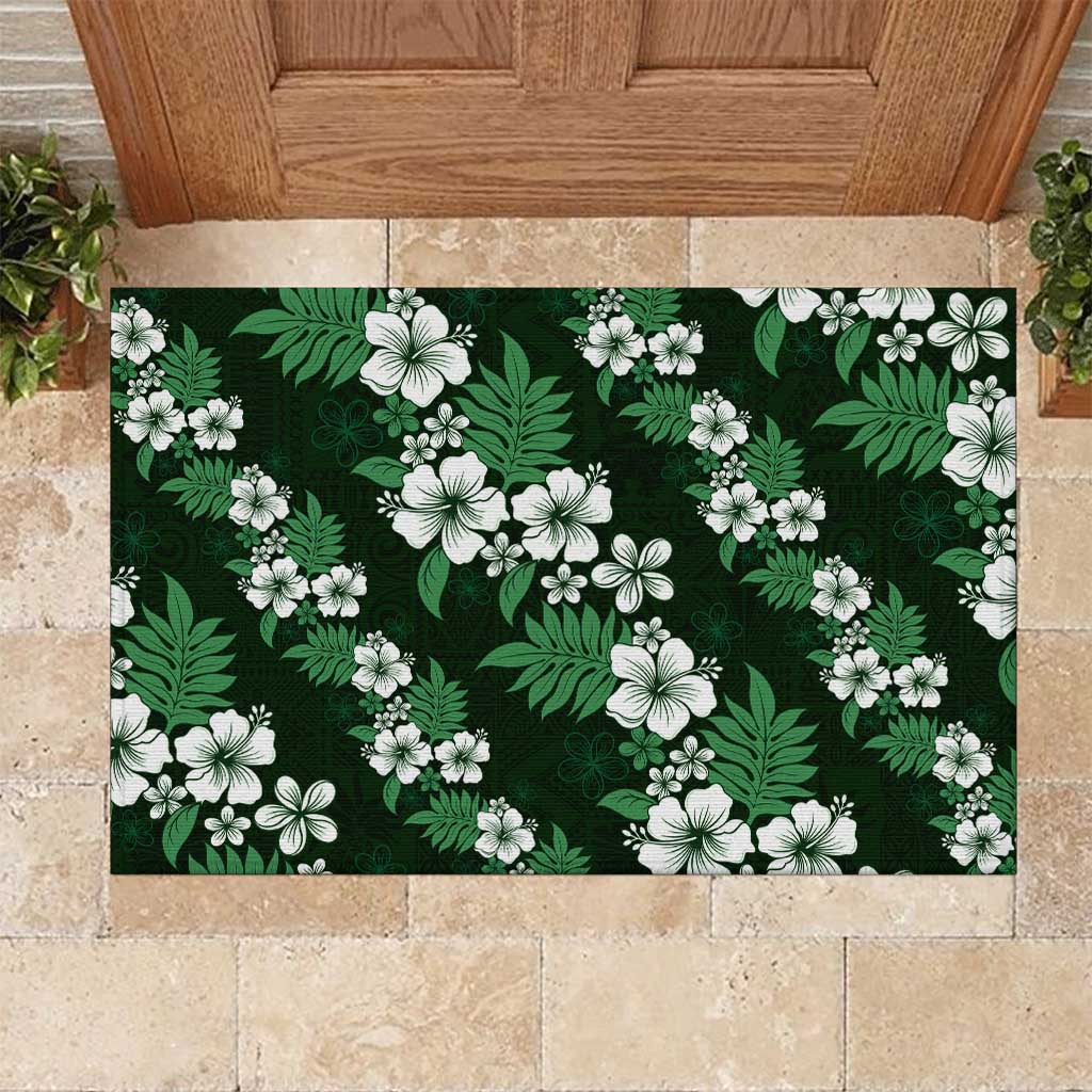 Hawaiian Hibiscus Tribal Floral Green Rubber Doormat Polynesian Tapa Pattern - Polynesian Pride
