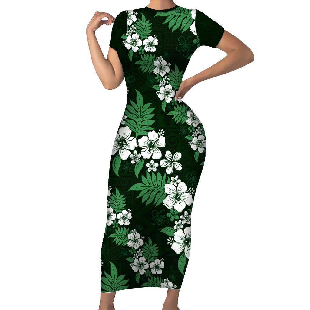 Hawaiian Hibiscus Tribal Floral Green Short Sleeve Bodycon Dress Polynesian Tapa Pattern - Polynesian Pride