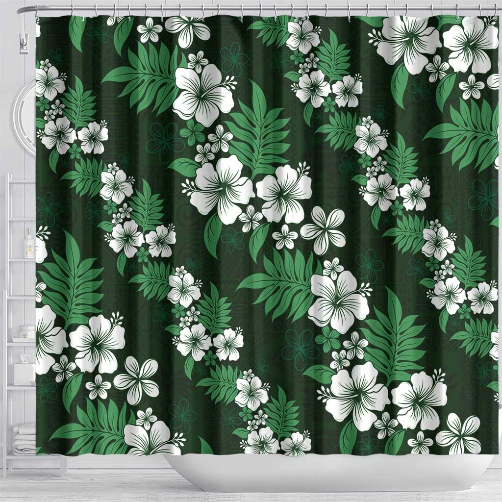 Hawaiian Hibiscus Tribal Floral Green Shower Curtain Polynesian Tapa Pattern - Polynesian Pride