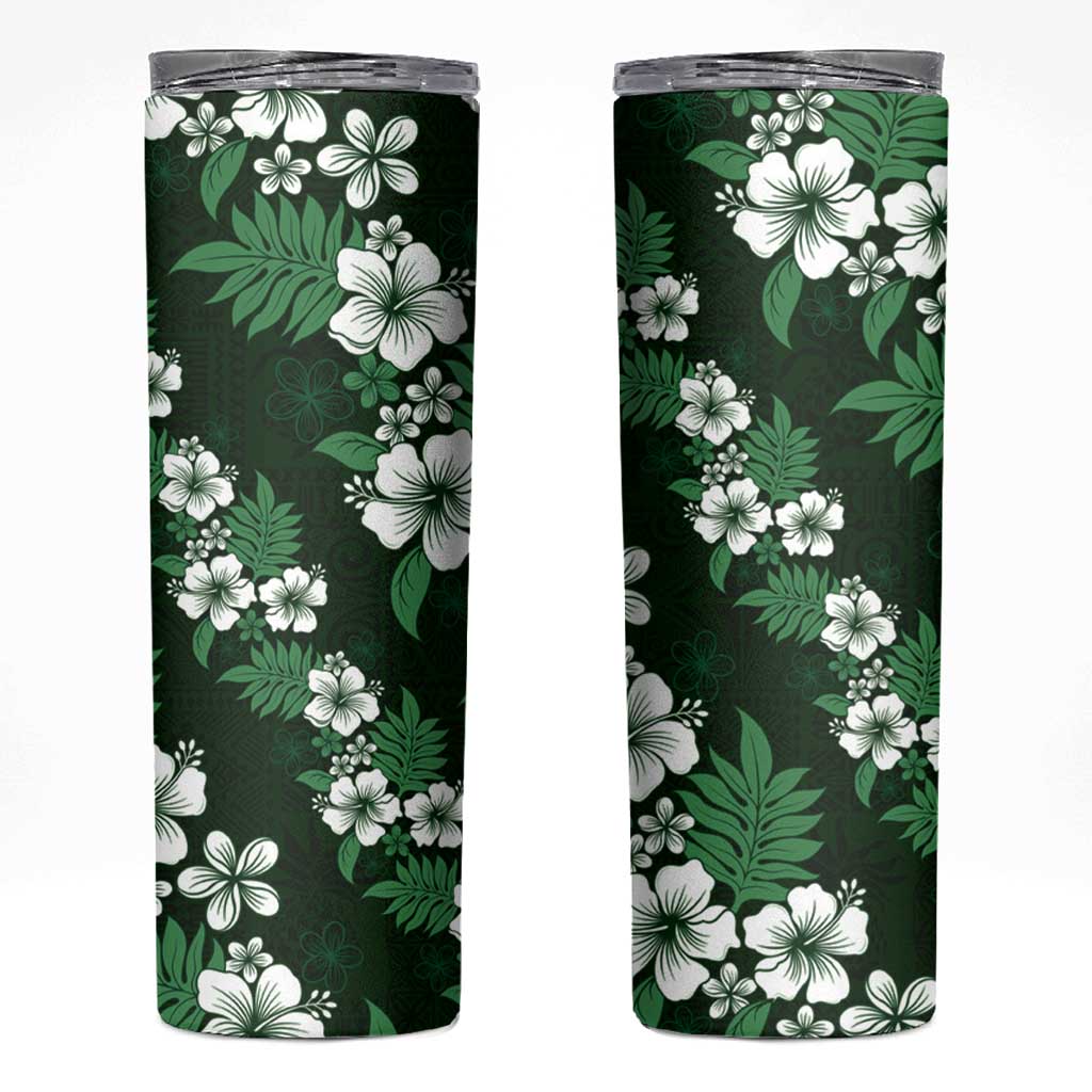 Hawaiian Hibiscus Tribal Floral Green Skinny Tumbler Polynesian Tapa Pattern - Polynesian Pride