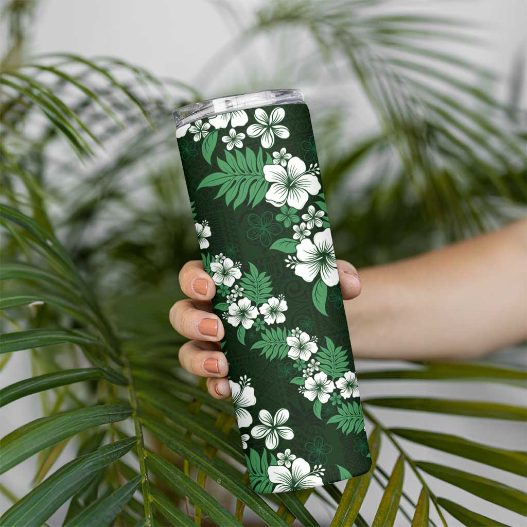 Hawaiian Hibiscus Tribal Floral Green Skinny Tumbler Polynesian Tapa Pattern - Polynesian Pride
