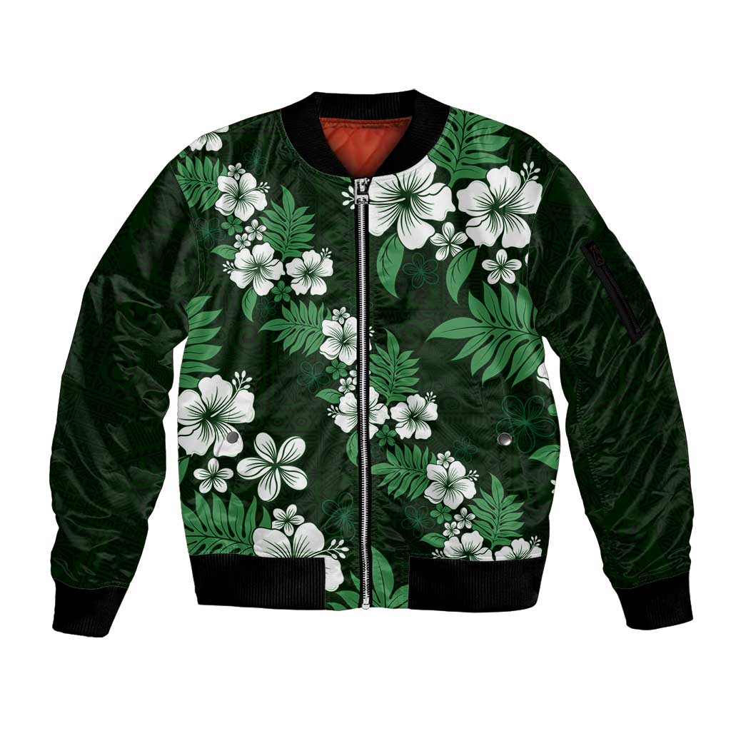 Hawaiian Hibiscus Tribal Floral Green Sleeve Zip Bomber Jacket Polynesian Tapa Pattern LT01 Unisex Green - Polynesian Pride