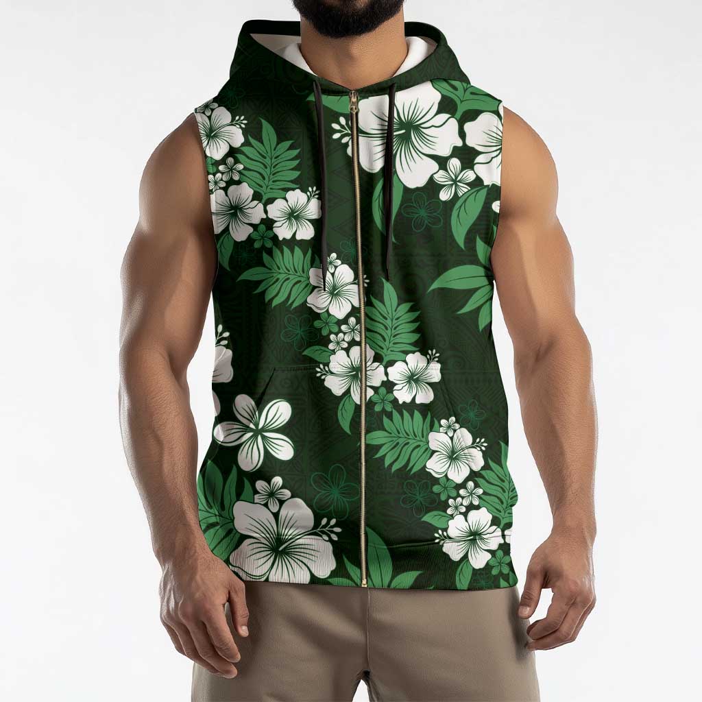 Hawaiian Hibiscus Tribal Floral Green Sleeveless Zip Hoodie Polynesian Tapa Pattern - Polynesian Pride