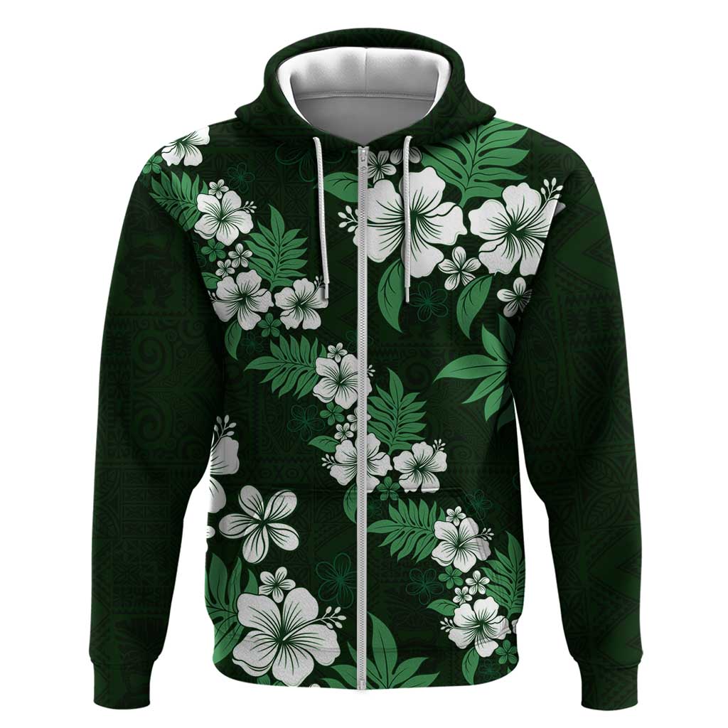 Hawaiian Hibiscus Tribal Floral Green Zip Hoodie Polynesian Tapa Pattern LT01 Zip Hoodie Green - Polynesian Pride