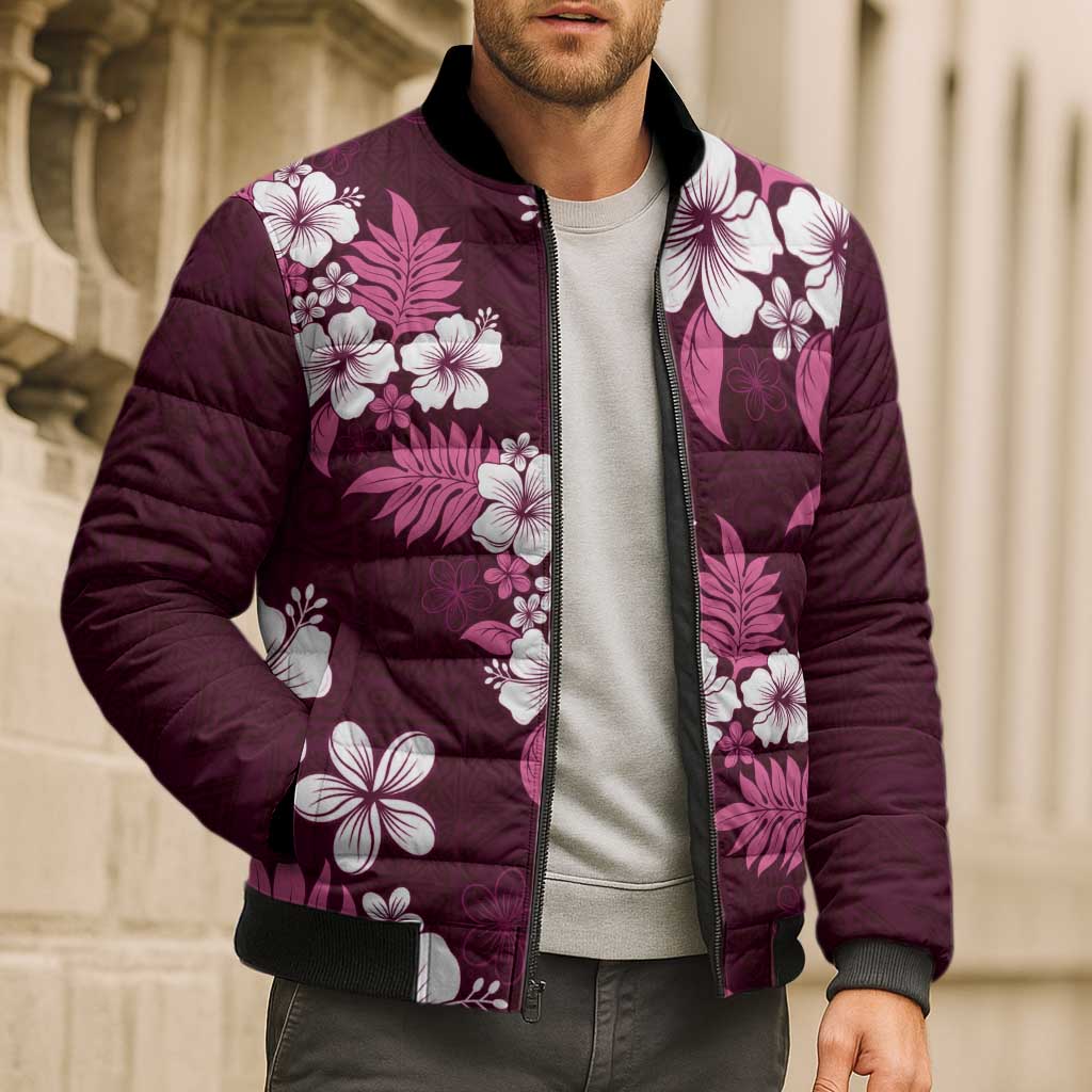 Hawaiian Hibiscus Tribal Floral Pink Bomber Puffer Jacket Polynesian Tapa Pattern LT01 - Polynesian Pride