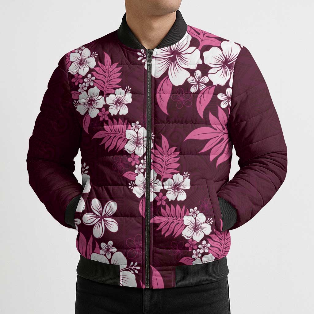 Hawaiian Hibiscus Tribal Floral Pink Bomber Puffer Jacket Polynesian Tapa Pattern LT01 - Polynesian Pride