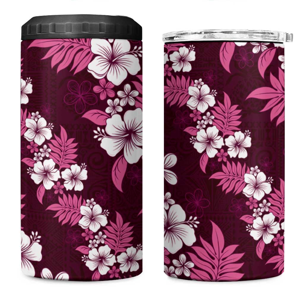Hawaiian Hibiscus Tribal Floral Pink 4 in 1 Can Cooler Tumbler Polynesian Tapa Pattern - Polynesian Pride