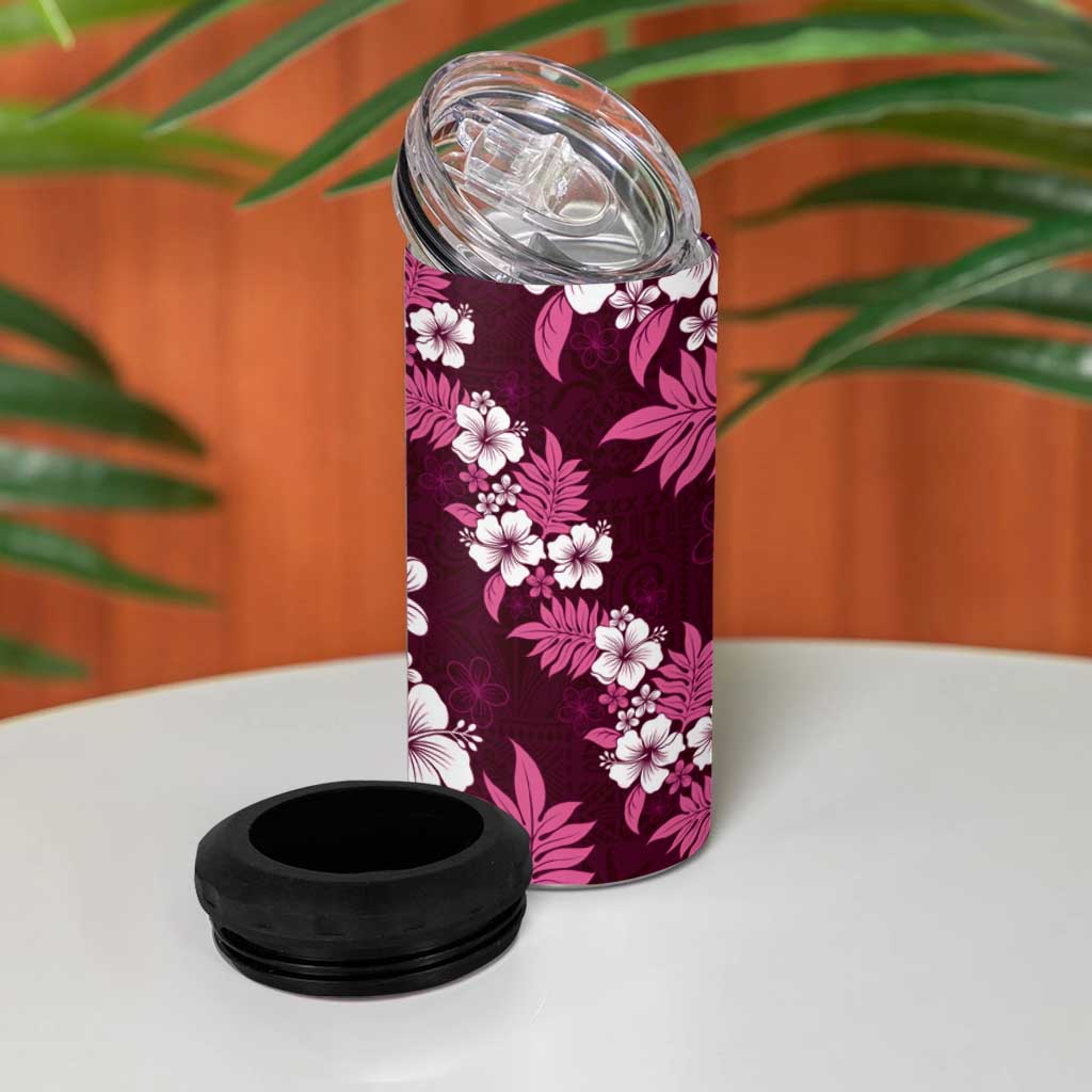 Hawaiian Hibiscus Tribal Floral Pink 4 in 1 Can Cooler Tumbler Polynesian Tapa Pattern - Polynesian Pride