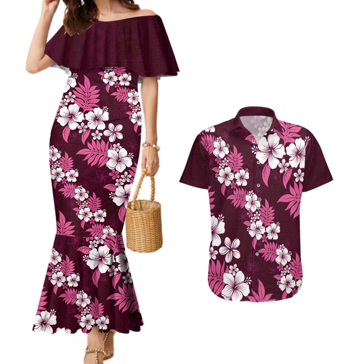 Hawaiian Hibiscus Tribal Floral Pink Couples Matching Mermaid Dress and Hawaiian Shirt Polynesian Tapa Pattern - Polynesian Pride