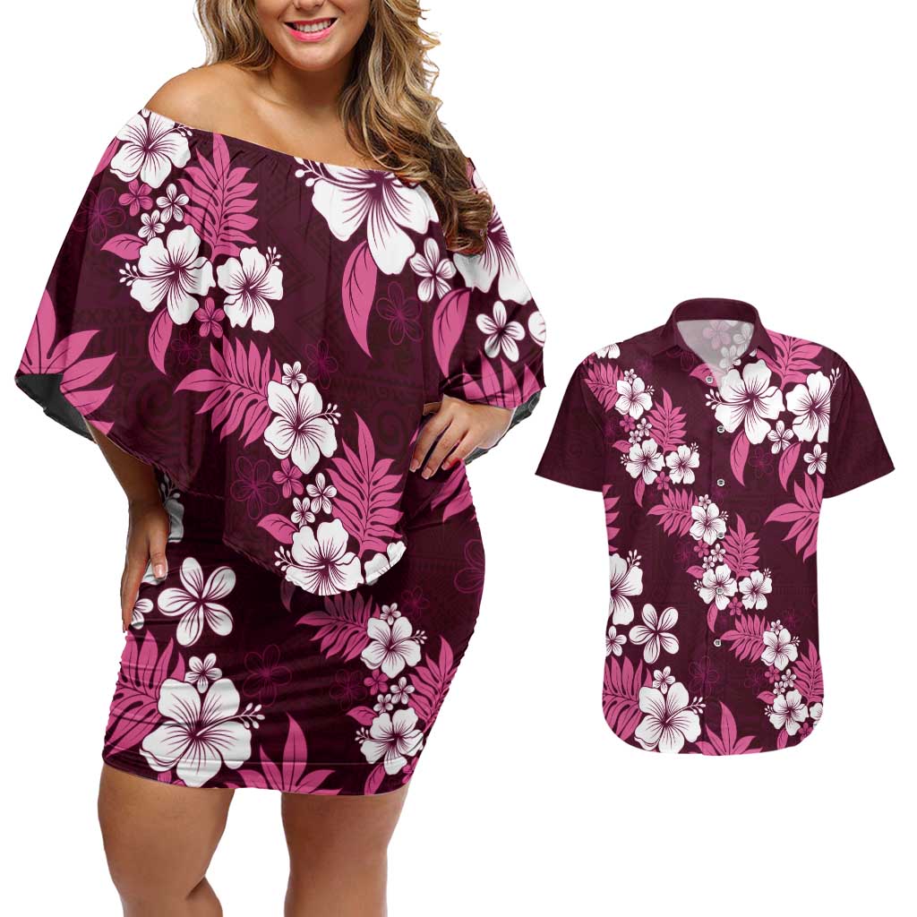 Hawaiian Hibiscus Tribal Floral Pink Couples Matching Off Shoulder Short Dress and Hawaiian Shirt Polynesian Tapa Pattern - Polynesian Pride