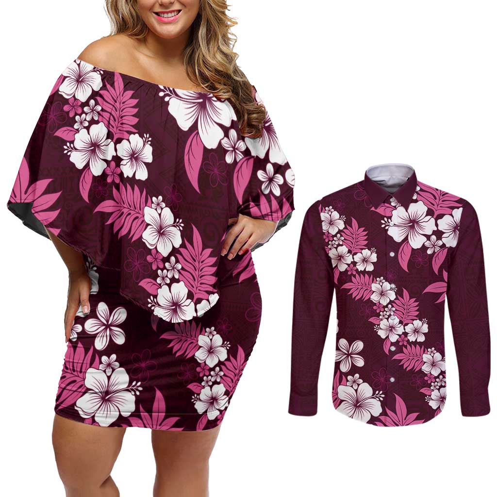 Hawaiian Hibiscus Tribal Floral Pink Couples Matching Off Shoulder Short Dress and Long Sleeve Button Shirt Polynesian Tapa Pattern - Polynesian Pride