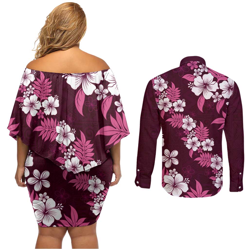 Hawaiian Hibiscus Tribal Floral Pink Couples Matching Off Shoulder Short Dress and Long Sleeve Button Shirt Polynesian Tapa Pattern - Polynesian Pride