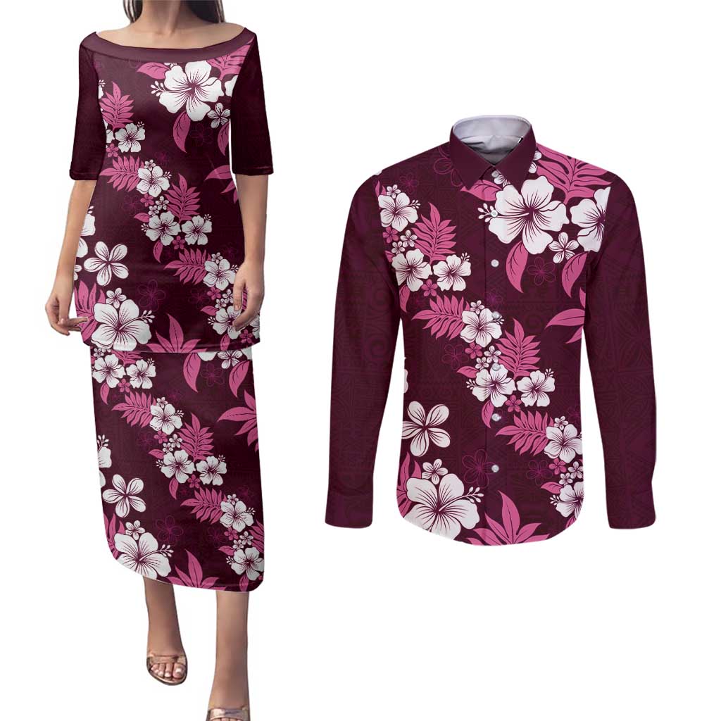 Hawaiian Hibiscus Tribal Floral Pink Couples Matching Puletasi and Long Sleeve Button Shirt Polynesian Tapa Pattern LT01 Pink - Polynesian Pride